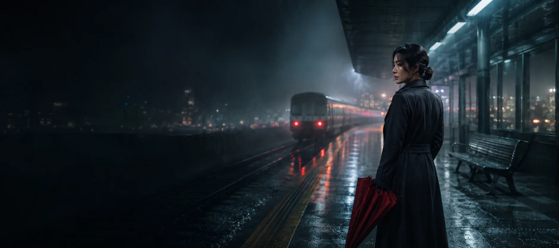 雨夜站台上手持红伞的女性